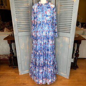Eywasouls Malibu Cora Chiffon Tiered Floral Maxi Dress Blue Flower Sz XS/S